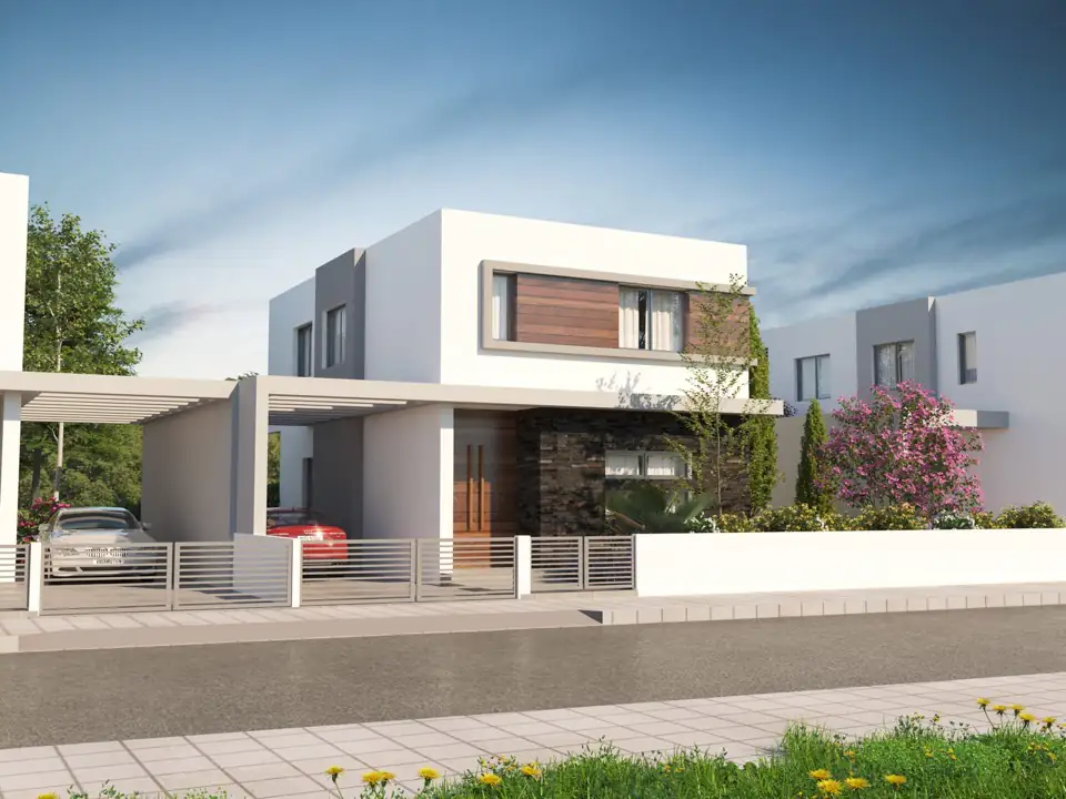 Render of a detached villa with carport, timber front door and flowering shrubs along the wall