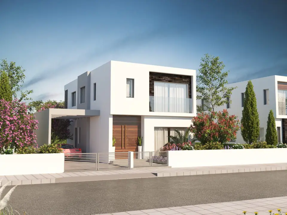 Render of a villa with double timber entrance doors, bougainvillea and cypress in the garden