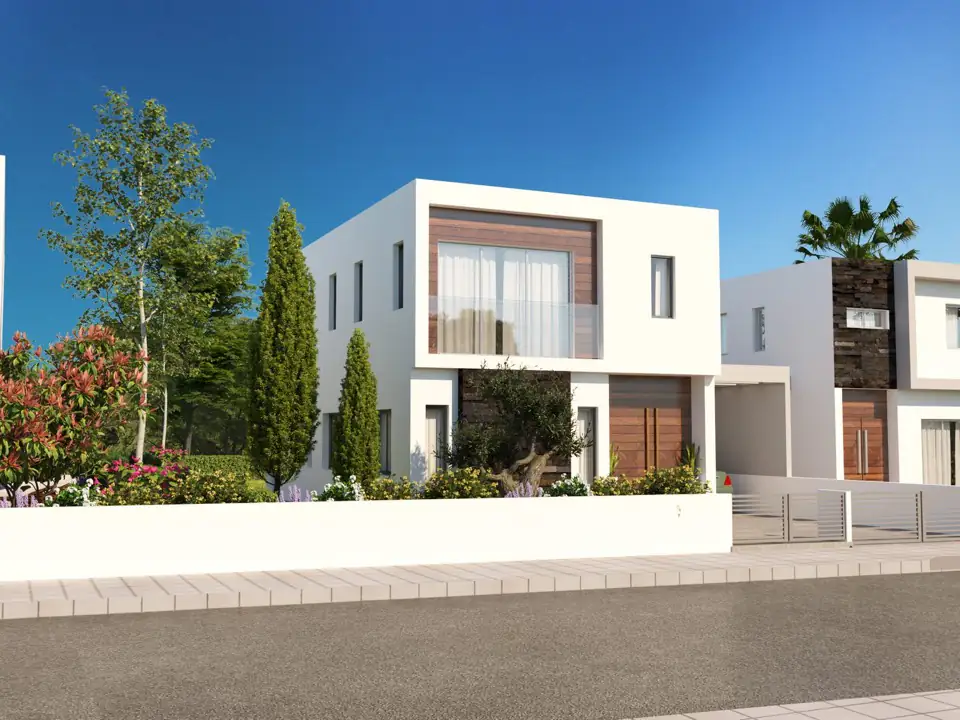 Sunlit render of a villa with first-floor loggia, planted front garden and neighbouring house
