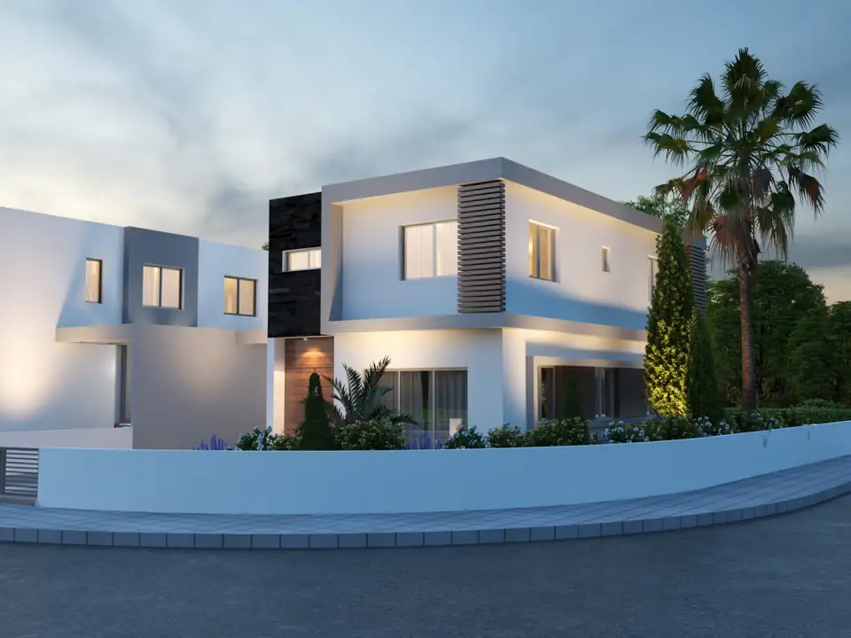 Dusk render of a villa on a curved corner plot, lit windows and palms