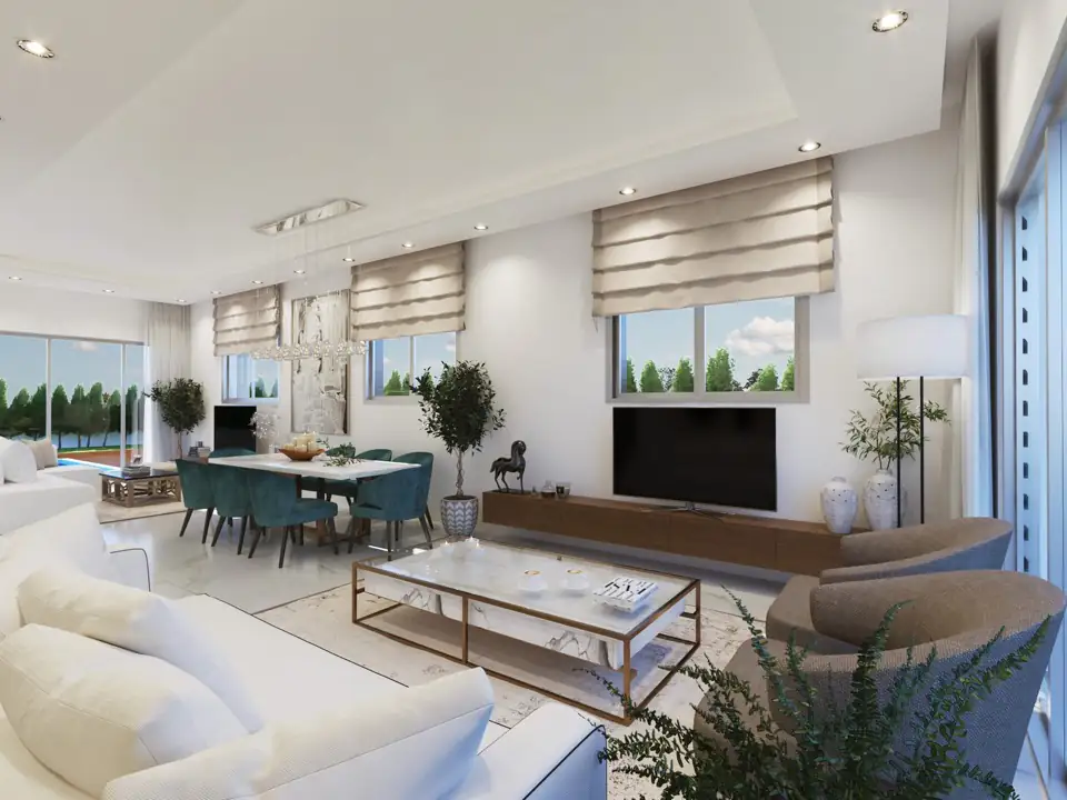 Bright open-plan living and dining render with roman blinds, teal chairs and garden views