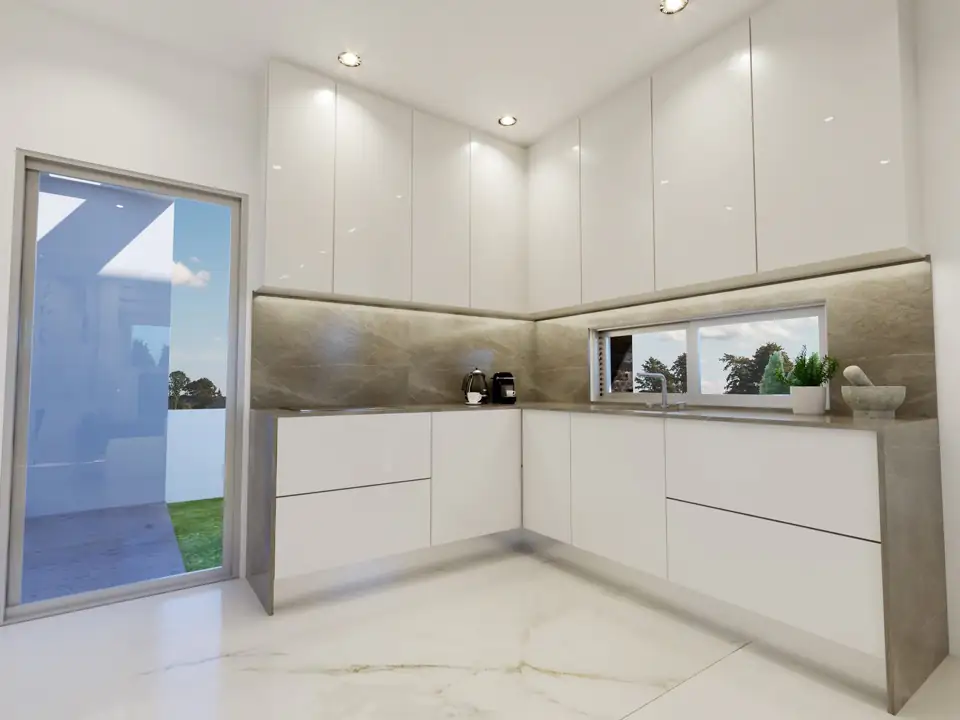 Gloss white L-shaped kitchen render with stone worktops and a glazed door to the garden