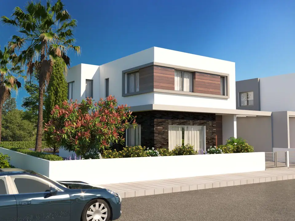 Render of a two-storey white villa with timber and stone cladding behind a walled front garden