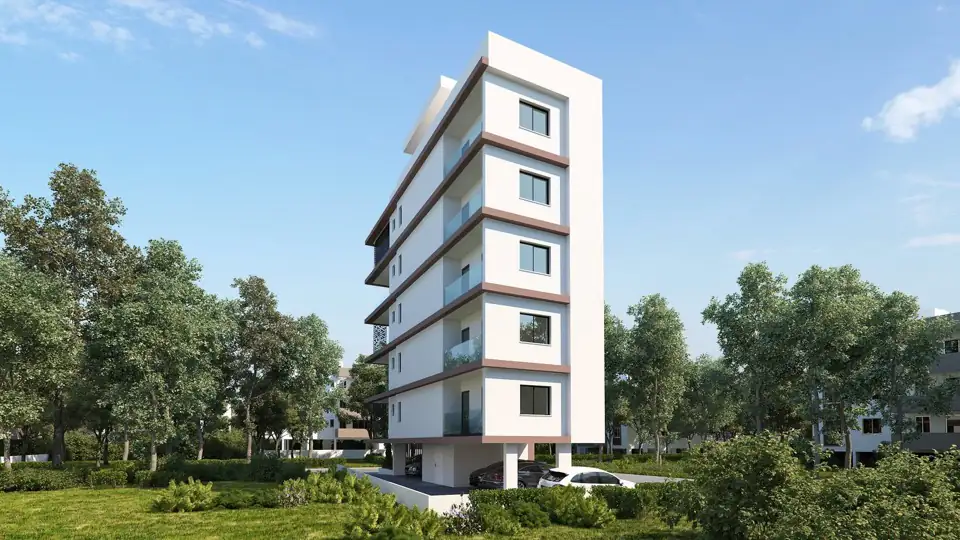 Render of the same tower from the rear, narrow end elevation rising above green surroundings