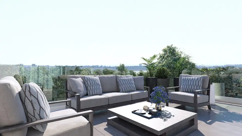 Roof terrace render with grey lounge seating, low table and tall planters against open sky