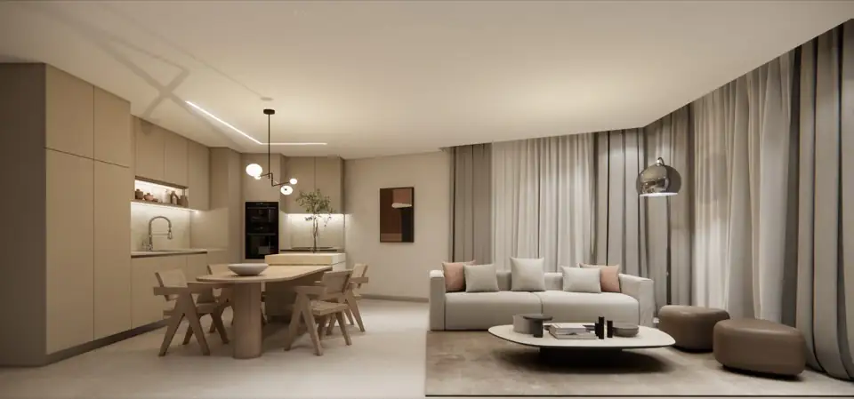 Wide render of an open-plan living and dining space with kitchen island and full-height curtains