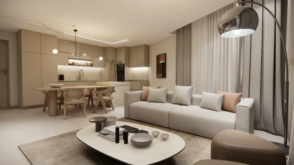 Living area render in warm neutrals, long sofa facing curtained windows, kitchen bar beyond