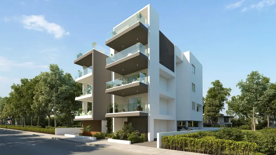 Angled render of the block from the road, taupe and white balcony bays with glass balustrades