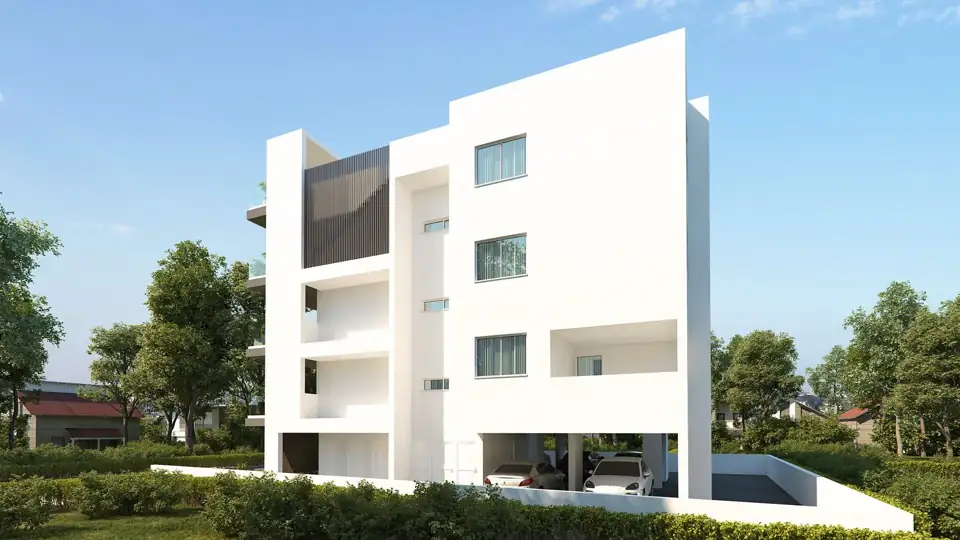 Rear render of the white block above an open undercroft car park, hedging in the foreground