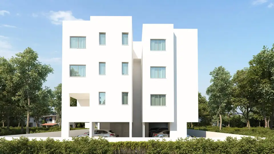 Flat frontal render of the plain white facade with regular windows and undercroft parking