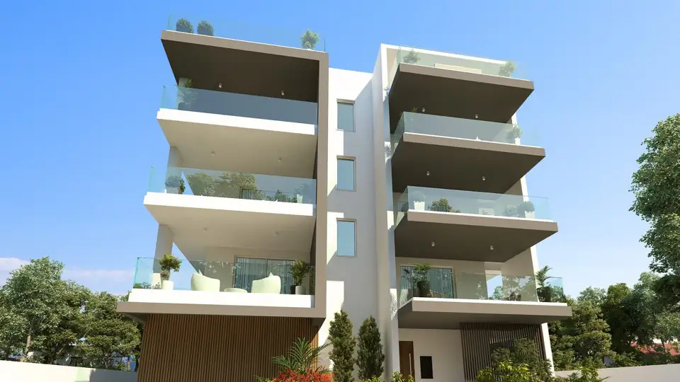 Low-angle render emphasising stacked cantilevered balconies with planters and glass balustrades