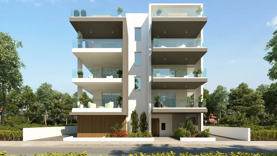 Render of a white four-storey block with recessed balconies, planting and covered entrance