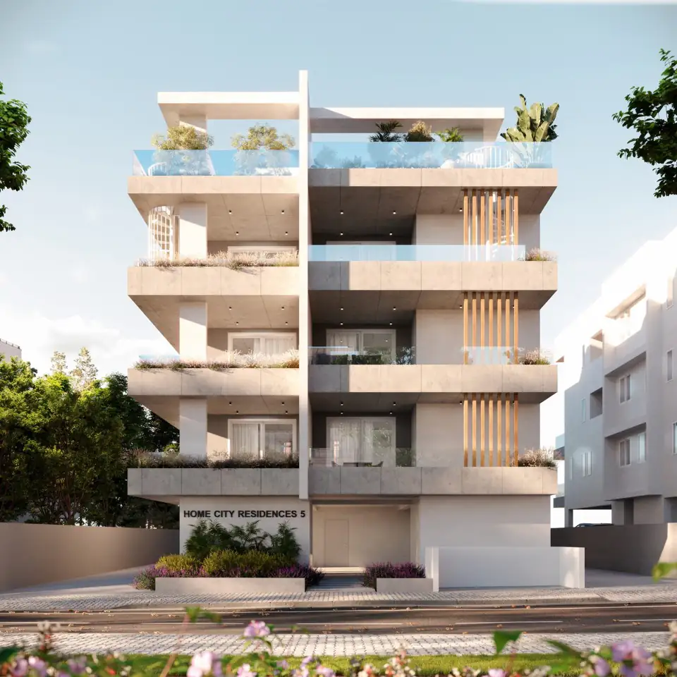 Street-corner render of a four-storey white block with deep balconies and planted roof terrace