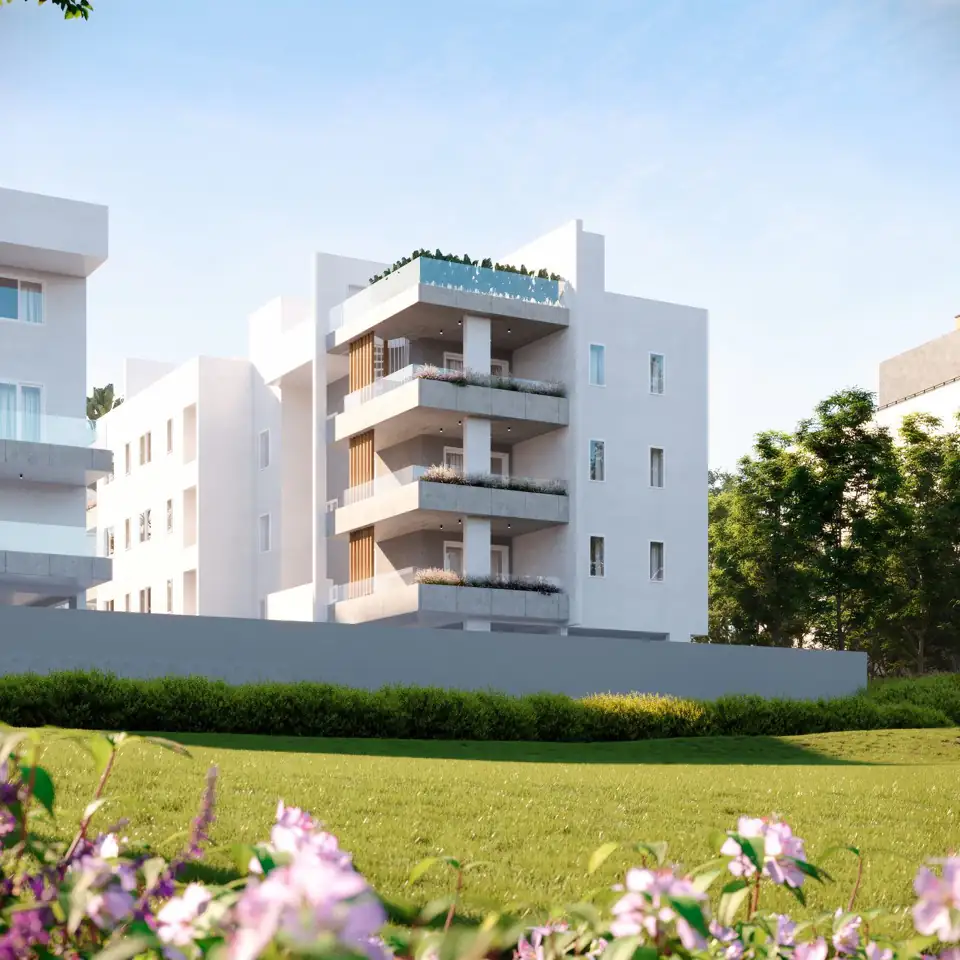 Closer render of the same side elevation in warmer light, flowering shrubs in the foreground