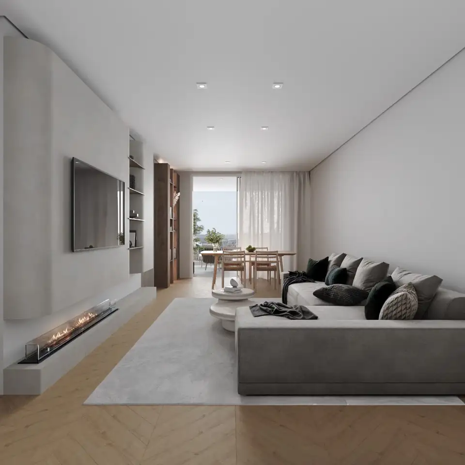 Living room render with linear fireplace, wall-mounted TV and dining area by balcony doors