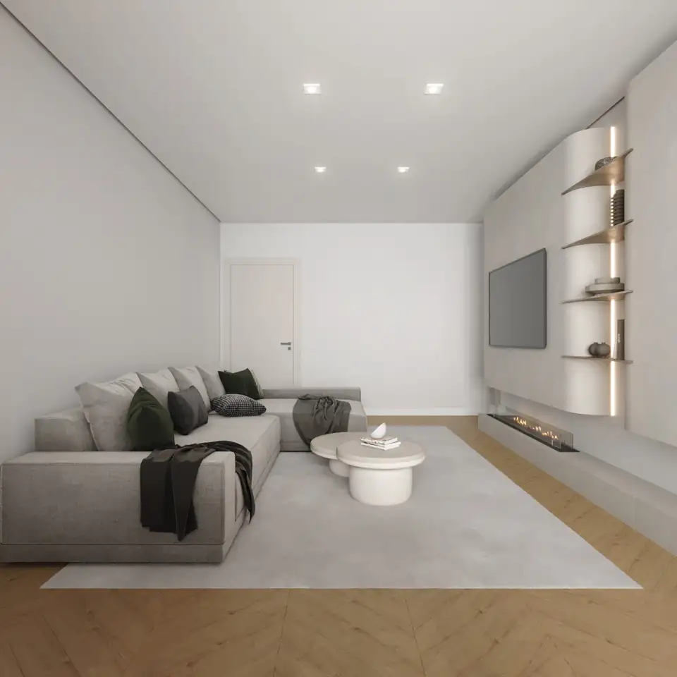 Living room render from the opposite corner, corner sofa facing a lit shelving and fireplace wall