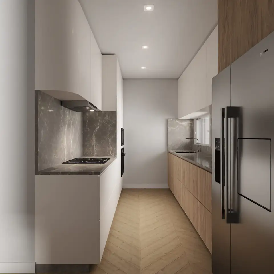 Galley kitchen render with handleless cabinets, marble splashback, oak fronts and tall fridge