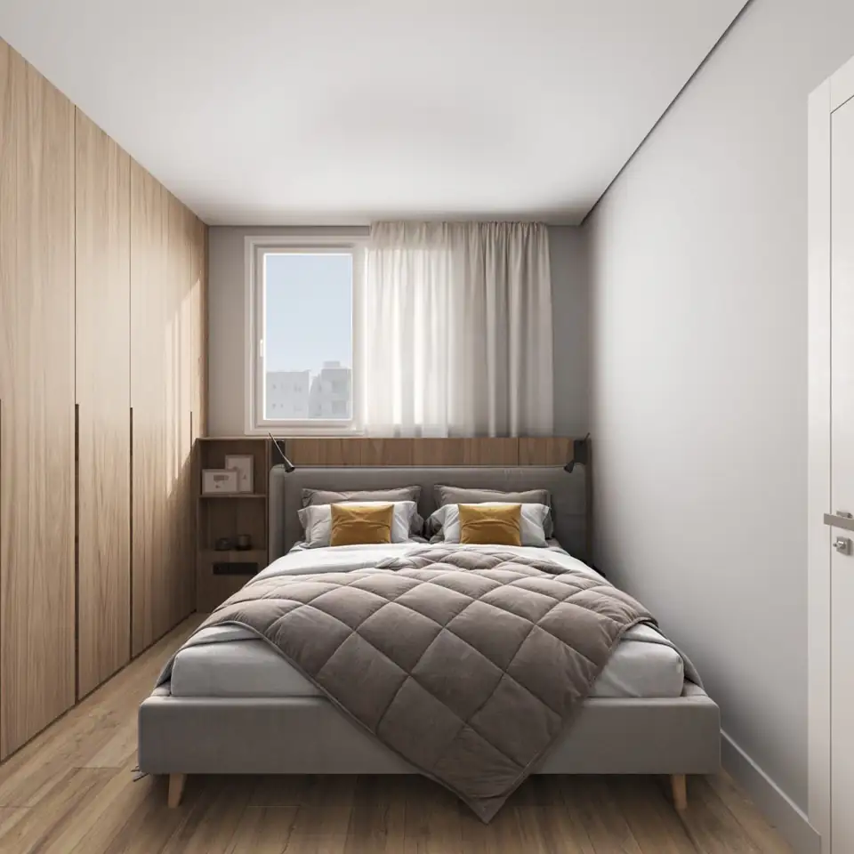 Small bedroom render with full-height wardrobes, double bed and single curtained window