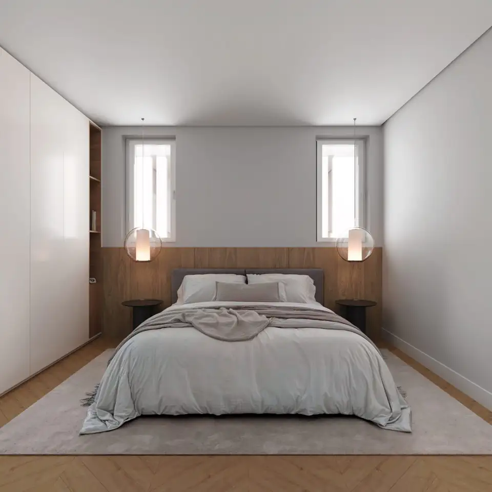 Main bedroom render with walnut headboard panel, twin windows and pendant bedside lights