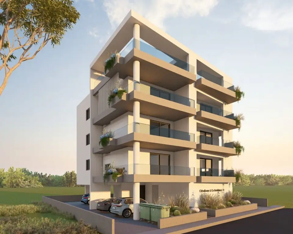 Corner render of a four-storey block with wide framed balconies, roof planting and parking below