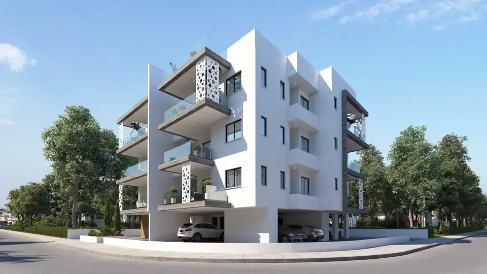Corner render of a white four-storey block with perforated balcony screens and undercroft parking