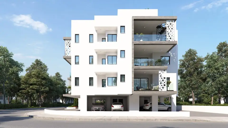 Frontal render of the facade, three tiers of balconies with decorative screens and cars beneath