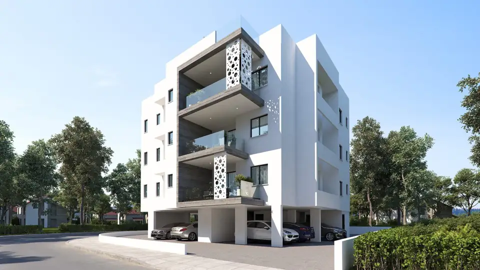 Render from the opposite corner showing the recessed balcony stack and side windows