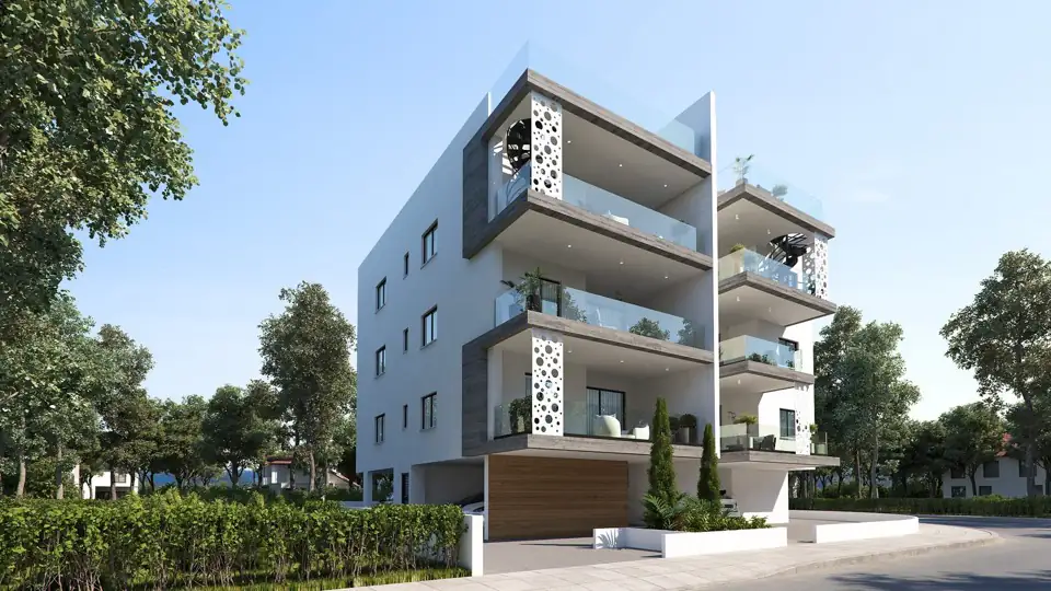 Render of the entrance side with timber-clad garage door, clipped hedging and mature trees